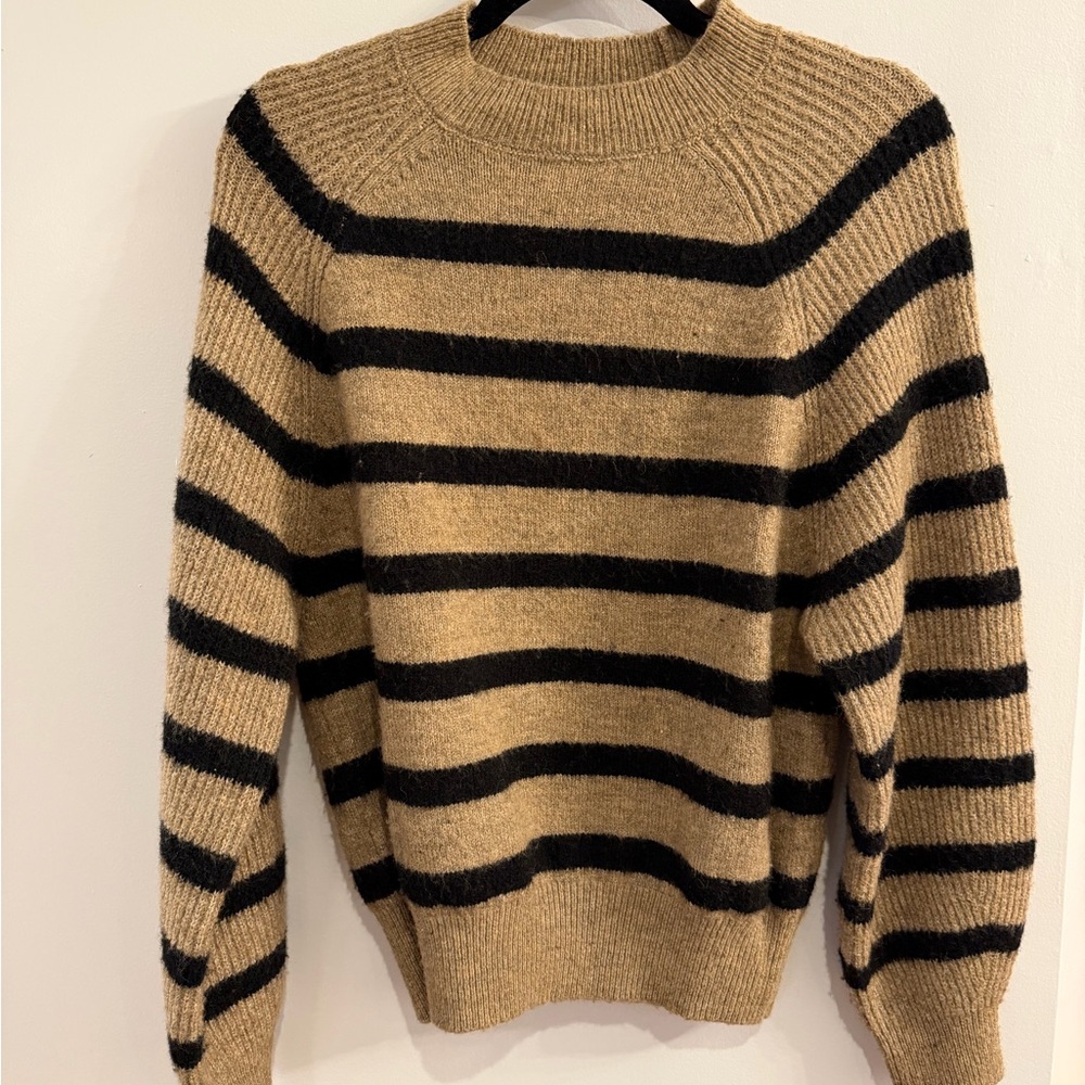 Mango Men's Black and Tan Striped Crewneck Sweater